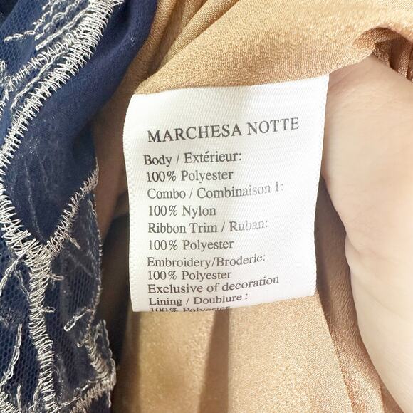 Marchesa Notte Floral Midi Dress Embroidered Long-Sleeve Tulle Navy Blue Size 6 - Picture 10 of 11